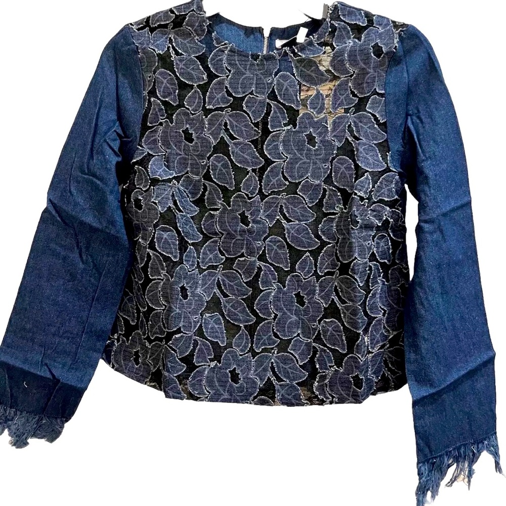 English Factory women Denim Sheer Embroidered flowers top